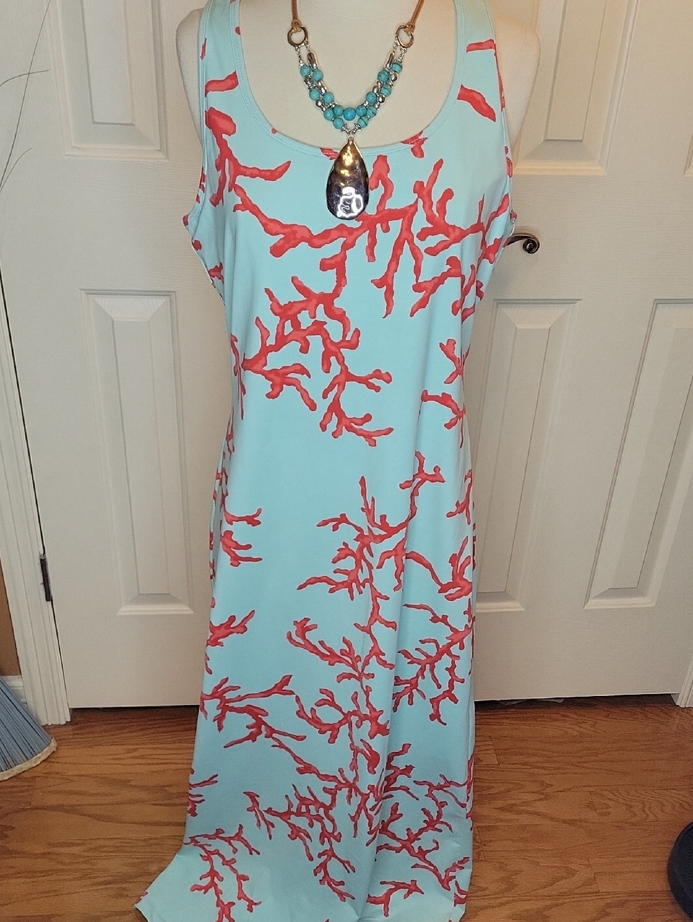 Sleeveless Coral-Print Maxi Dress in Aqua